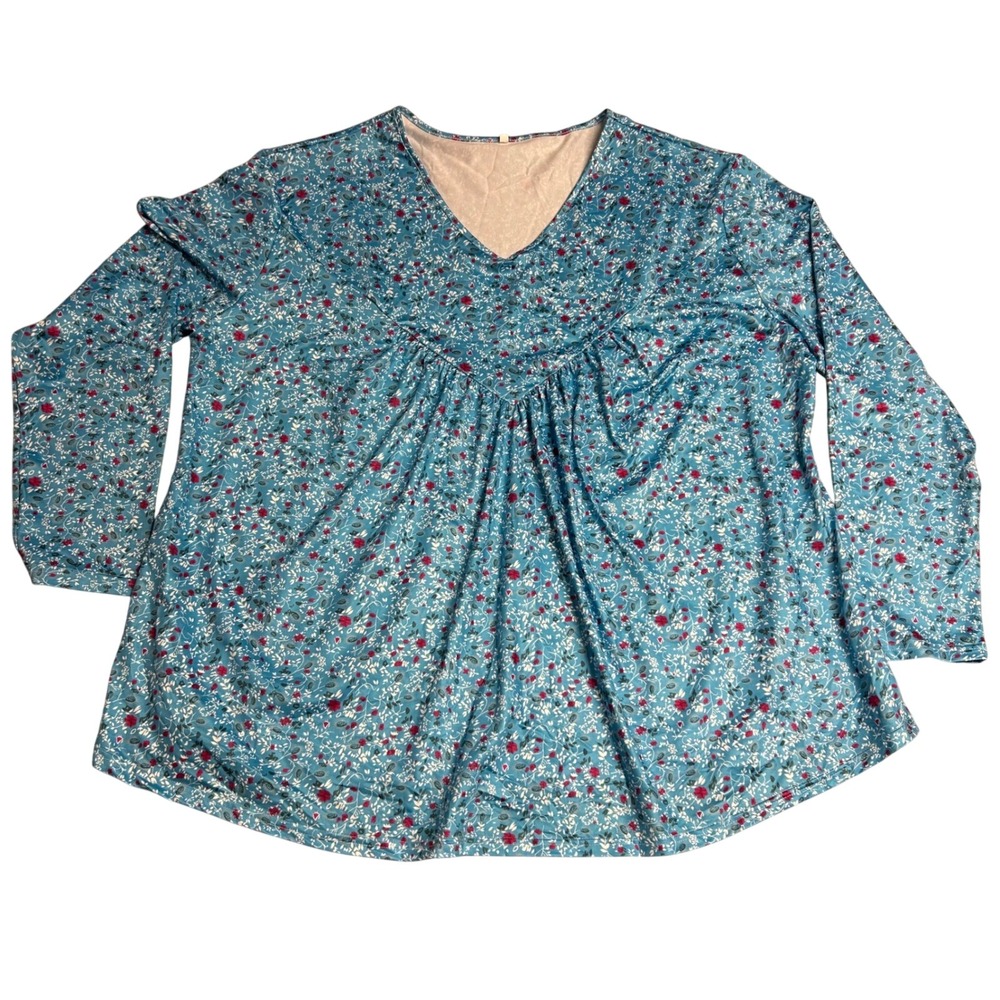 Women's Tunic 4XL Blue Floral V-Neck Babydoll Top Long Sleeve Plus Boho